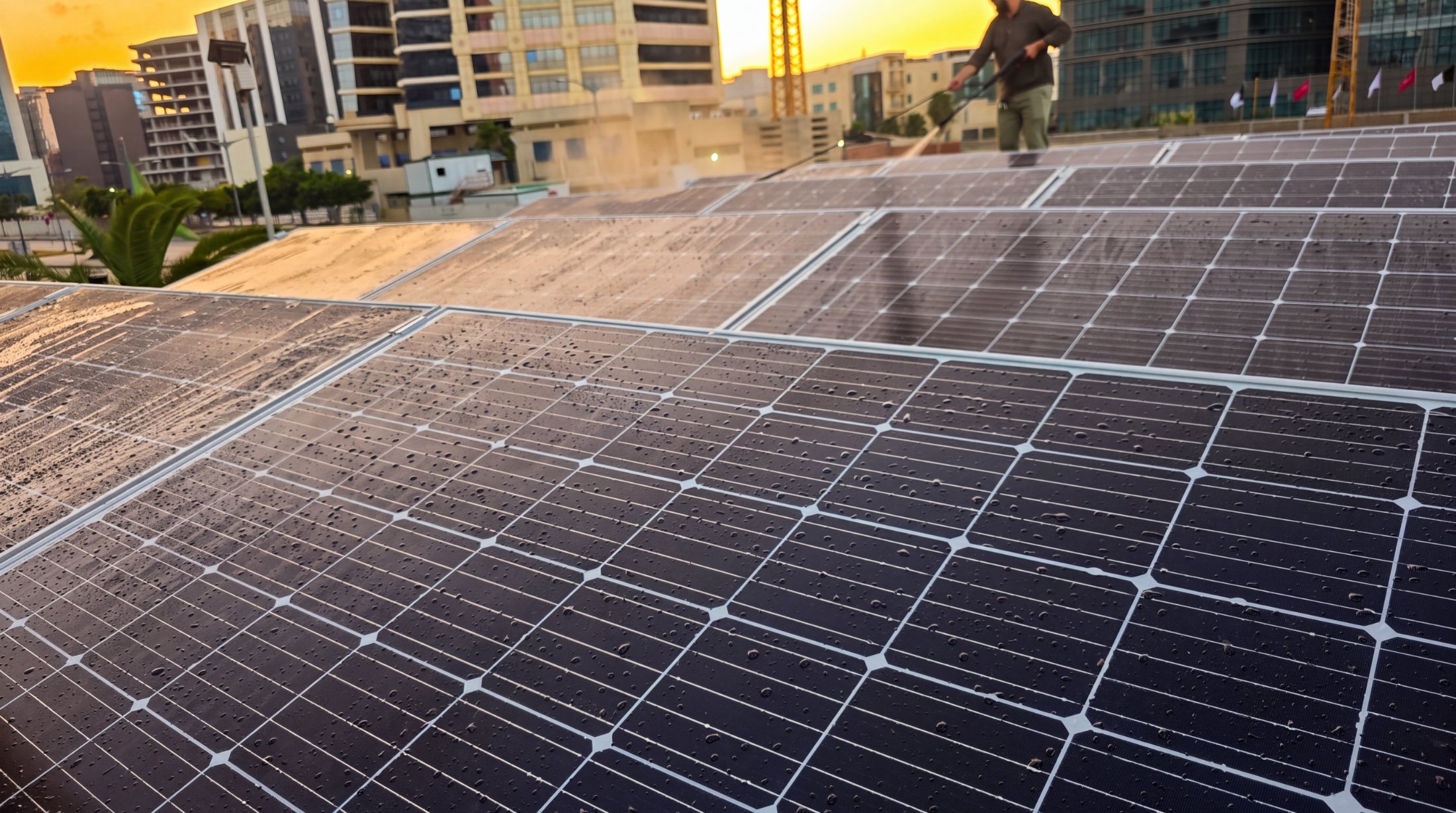 Rooftop solar panels above the Algiers skyline at sunset