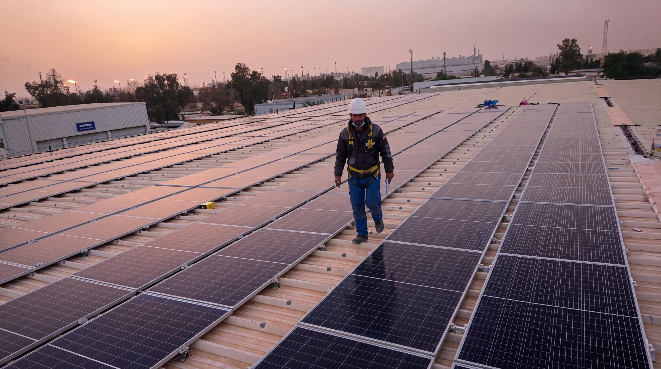 Shams Djazair technician crossing rooftop arrays at dusk, MD1